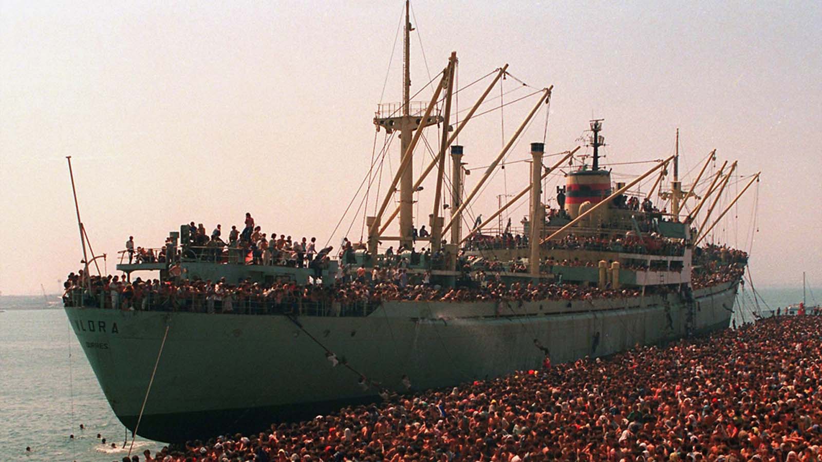 The ship Vlora overcrowded with Albanian migrants, August 1991